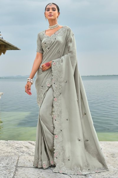 Grey Banarasi Silk Embroidered Saree