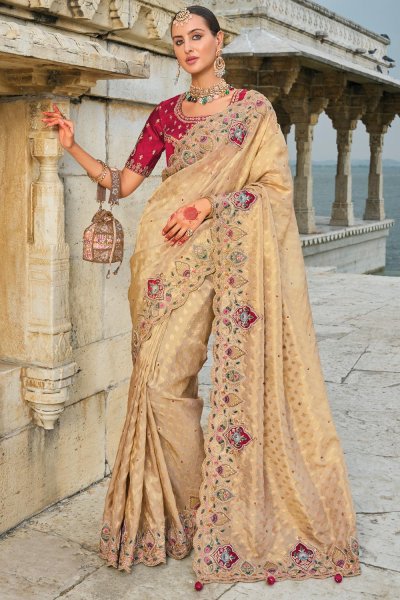 Beige Kanjivaram Silk  Embroidered Saree