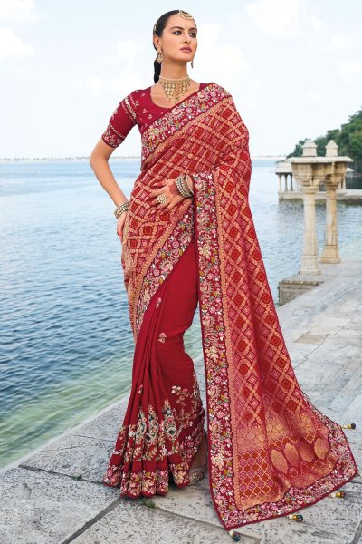 Maroon Silk Bandhani Print &  Embroidered Saree