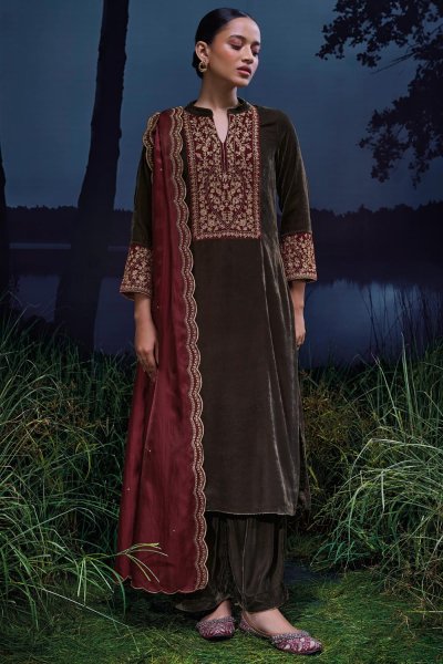 Charcoal Grey Velvet Embroidered Kurta Set