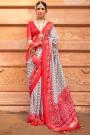 Grey & Red Patola Print Silk Saree