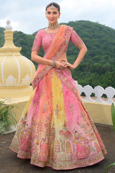 Pretty Pastel Pink , Orange Multicolor Silk Embroidered Lehenga Set