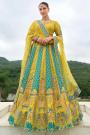 Mustard & Turquoise Silk Embroidered Lehenga Set