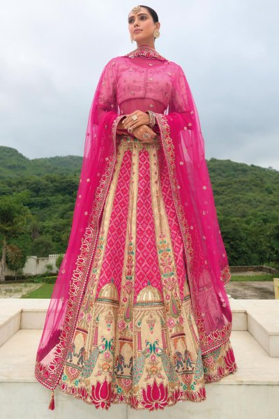 Pink & Ivory Silk Embroidered Lehenga Set