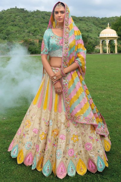 Ivory & Multicolor Silk Embroidered Lehenga Set