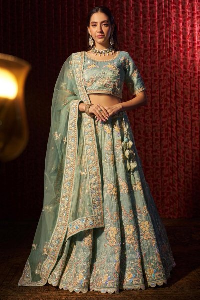 Aqua Organza Silk Embroidered Lehenga Set