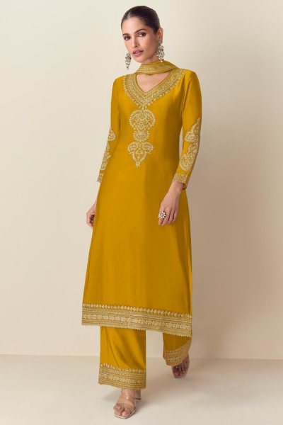 Mustard Chinon Silk Embroidered Kurta Set