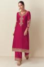 Red Chinon Silk Embroidered Kurta Set