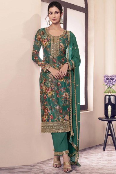 Fern Green Chinon Silk Printed & Embroidered Kurta Set