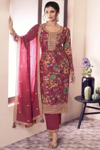 Dusty Red Chinon Silk Printed & Embroidered Kurta Set