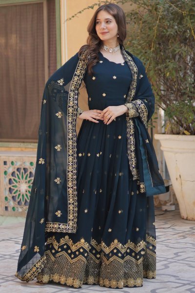 Prussian Blue Georgette Embroidered Anarkali Dress With Dupatta