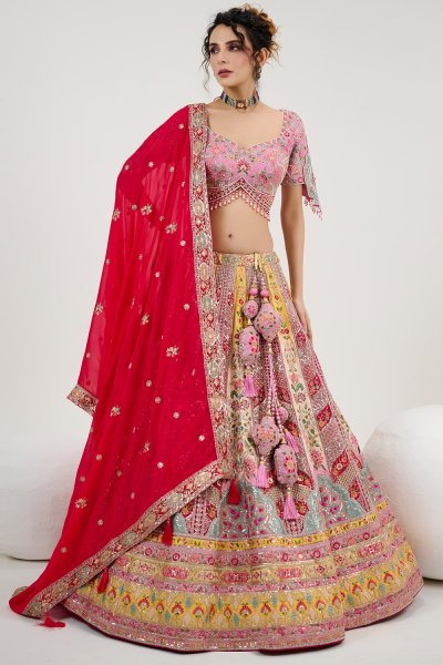 Pink, Red, & Multicolor Silk Embroidered & Handworked Lehenga Set