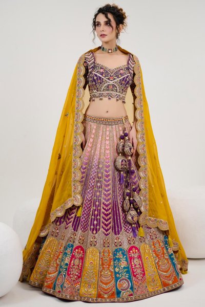 Multicolor Silk Embroidered & Handworked Lehenga Set