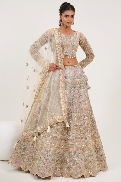 Ivory Gold Net Embroidered & Handworked Lehenga Set