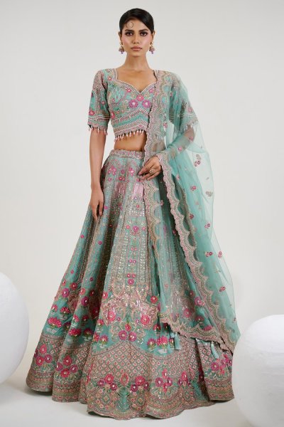 Aqua Green Organza Silk Embroidered & Handworked Lehenga Set