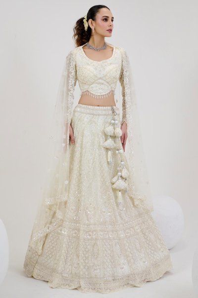 Ivory Net Embroidered & Handworked Lehenga Set