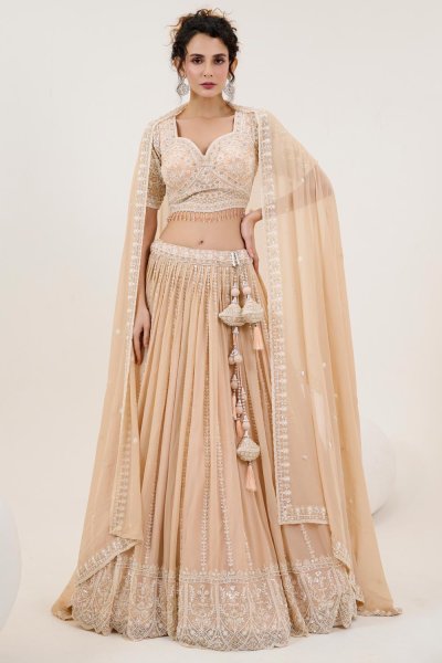 Cream Peach Georgette Embroidered & Handworked Lehenga Set