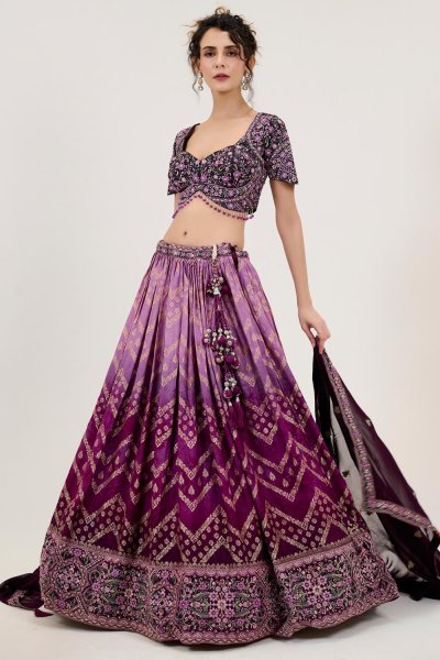 Plum Purple Jacquard Silk Printed,Embroidered & Handworked Lehenga Set