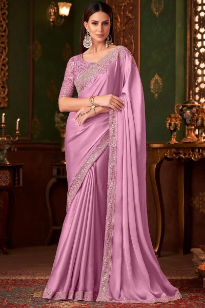 Purple Pink Silk Chiffon Embroidered Saree