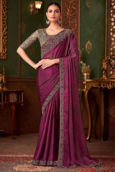 Wine Silk Chiffon Embroidered Saree