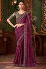 Wine Silk Chiffon Embroidered Saree