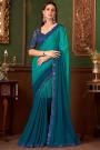 Prussian Blue Teal green Ombre Chiffon & Satin Embroidered Saree