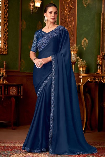 Navy Blue Satin Embroidered Saree