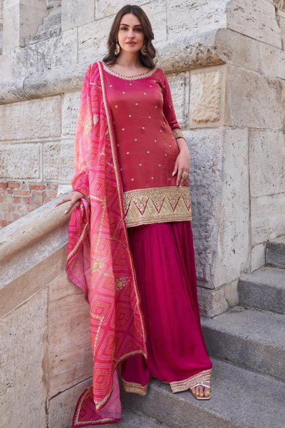 Hot pink & Red  Chinon Silk Embroidered Sharara Kurta Set