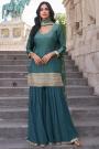 Teal Chinon Silk Embroidered Sharara Kurta Set