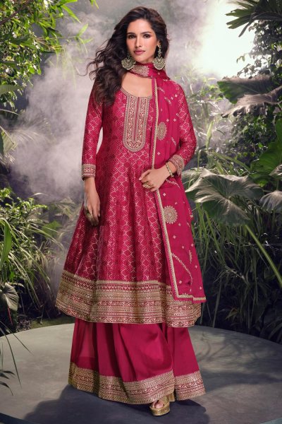 Dark Pink  Jacquard Silk Embroidered Flared Kurta Palazzo Set