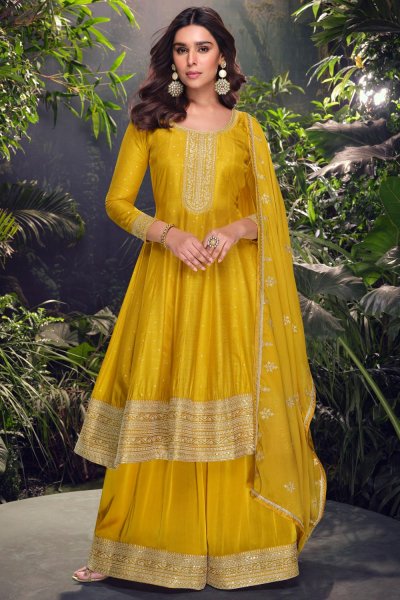 Mustard Jacquard Silk Embroidered Flared Kurta Palazzo Set