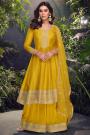 Mustard Jacquard Silk Embroidered Flared Kurta Palazzo Set