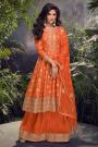 Stunning Orange Jacquard Silk Embroidered Flared Kurta Palazzo Set