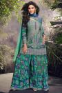 Teal Green & Royal Blue Chinon Silk printed, Embroidered & Hand Worked Sharara Kurta Set