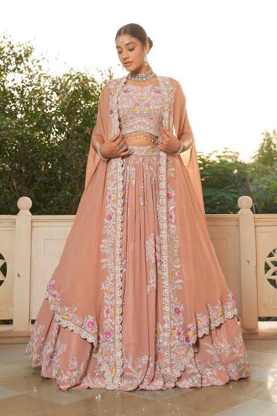 Rose Fog Georgette Embroidered Lehenga Set With Organza Silk Shrug