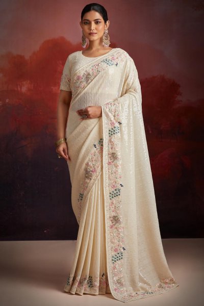 Ivory Georgette Embroidered Saree