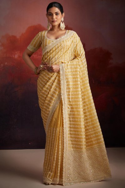 Mustard Organza Silk Embroidered Saree