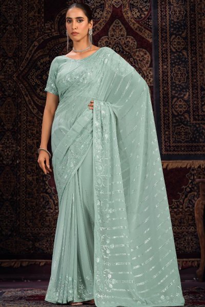 Aqua Blue Georgette Embroidered Saree