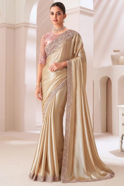 Beige Golden Satin Chiffon Embroidered Saree