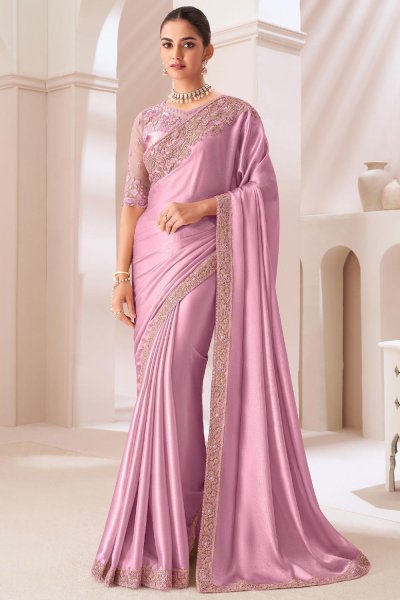 Pink Purple Satin Chiffon Embroidered Saree