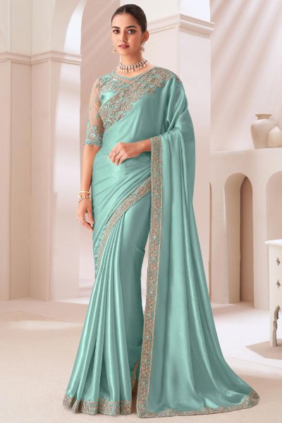 Aqua Blue Satin Chiffon Embroidered Saree