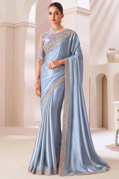 Cornflower Blue Satin Chiffon Embroidered Saree