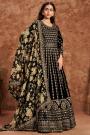 Black Velvet Embroidered Anarkali Dress With Printed Organza Silk Dupatta