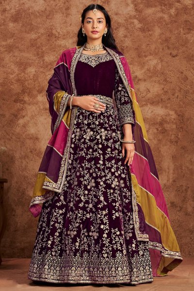 Plum Velvet Embroidered Anarkali Dress With Printed Organza Silk Dupatta