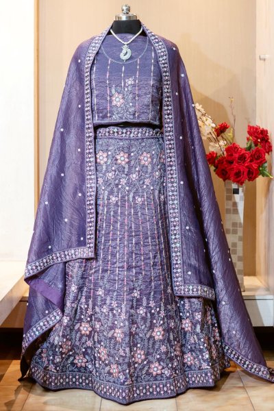 Deep Purple Organza Silk Embroidered Lehenga Set