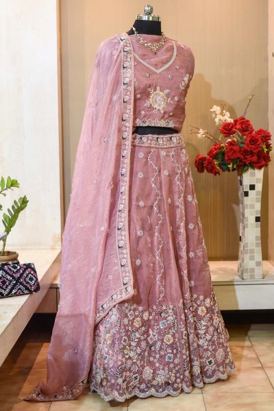 Pastel Pink Organza Silk Embroidered Lehenga Set