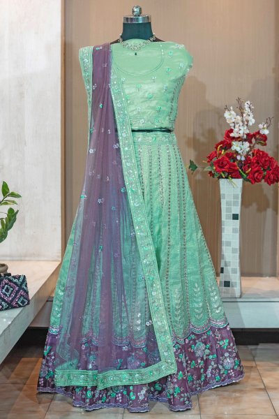 Sea Green Organza Silk Embroidered Lehenga Set