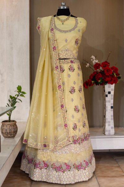 Light Lemon Yellow Organza Silk Embroidered Lehenga Set