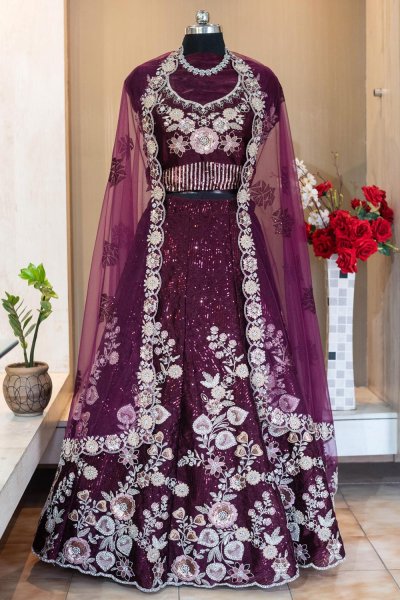 Wine Organza Silk Embroidered Lehenga Set