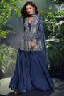 Navy Blue Chinon Silk Embroidered Indowestern Kurta Set